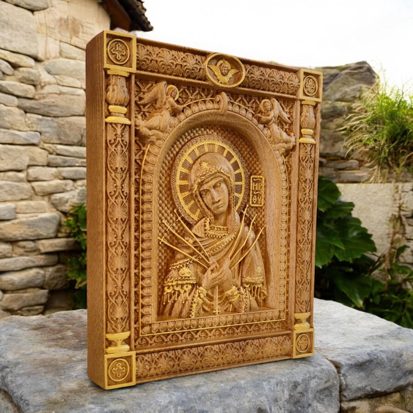 Virgin Mary of the Seven Swords Wooden Carved Handcrafted Christian Religious Icon. Byzantine Home Wall Art Decor Gift. Orthodox Greek Woodcarving Sculpture.