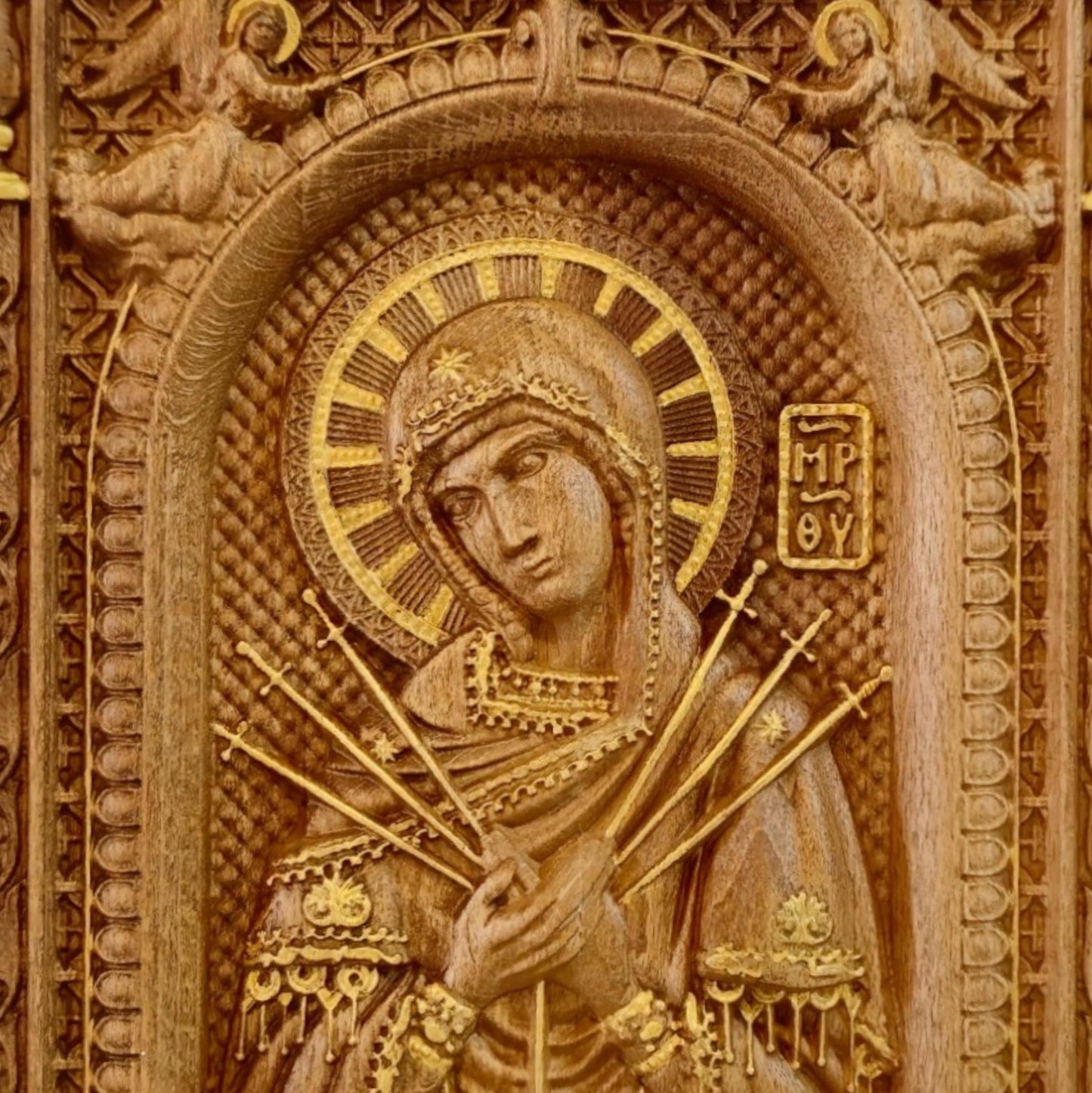 Virgin Mary of the Seven Swords Wooden Carved Handcrafted Christian Religious Icon. Byzantine Home Wall Art Decor Gift. Orthodox Greek Woodcarving Sculpture.