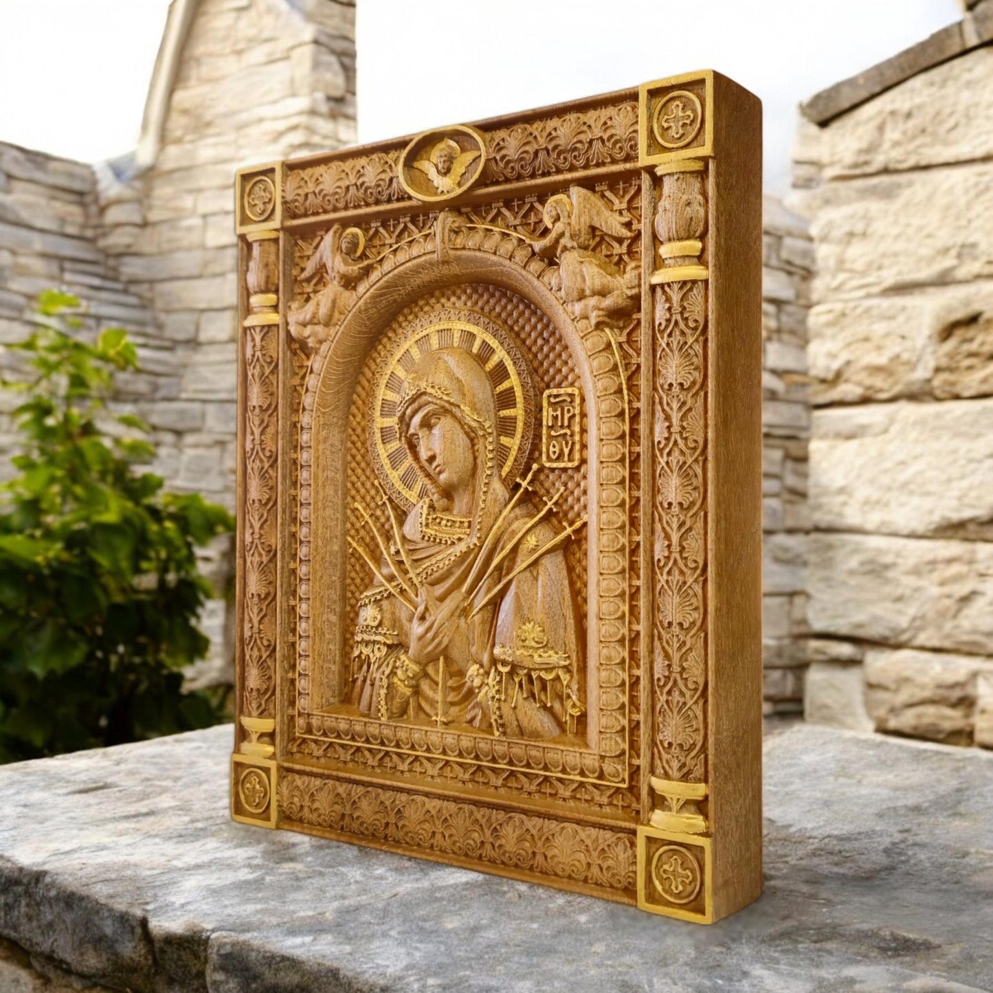 Virgin Mary of the Seven Swords Wooden Carved Handcrafted Christian Religious Icon. Byzantine Home Wall Art Decor Gift. Orthodox Greek Woodcarving Sculpture.