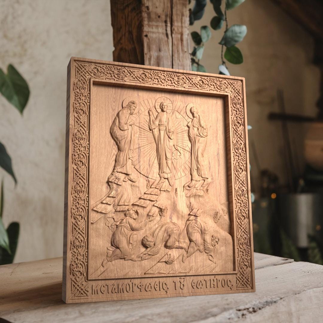 Transfiguration of Jesus Wooden Carved Handcrafted Christian Religious Icon. Byzantine Home Wall Art Decor Gift. Orthodox Greek Woodcarving Sculpture.