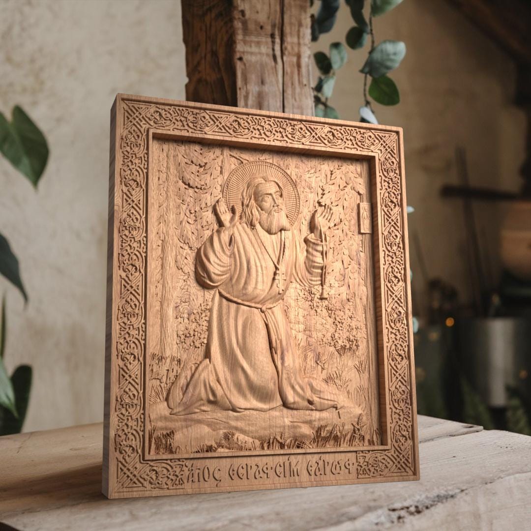 Saint Seraphim of Sarov Wooden Carved Handcrafted Christian Religious Icon. Byzantine Home Wall Art Decor Gift. Orthodox Greek Woodcarving Sculpture.