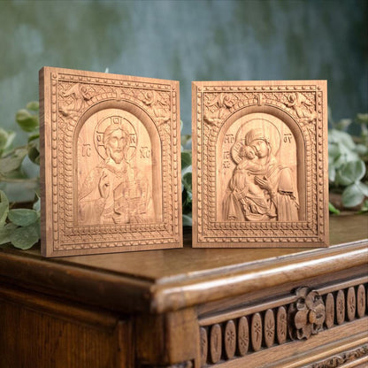 Christ and Mother of God Set Two Wooden Carved Handcrafted Christian Religious Icon. Byzantine Home Wall Art Decor Gift. Orthodox Greek Woodcarving Sculpture.