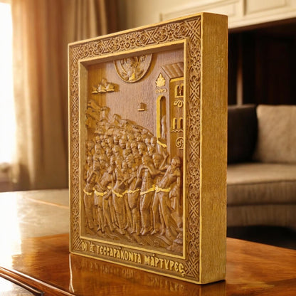 Forty Martyrs of Sebaste Wooden Carved Handcrafted Christian Religious Icon. Byzantine Home Wall Art Decor Gift. Orthodox Greek Woodcarving Sculpture.
