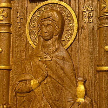 Saint Anastasia Wooden Carved Handcrafted Christian Religious Icon. Byzantine Home Wall Art Decor Gift. Orthodox Greek Woodcarving Sculpture.